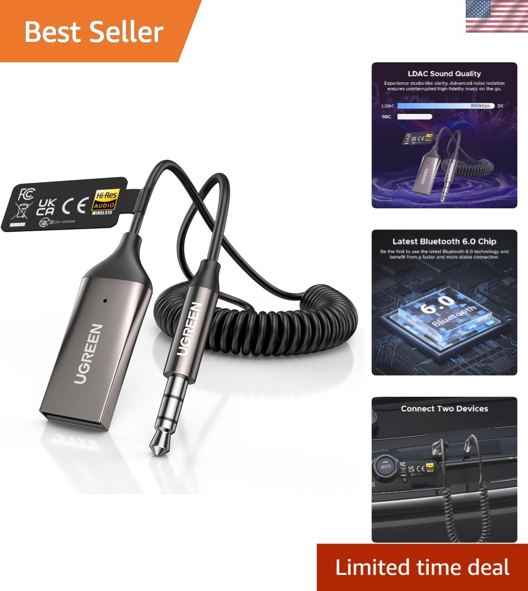 Durable Bluetooth 6.0 Car Adapter - Plug & Play Audio Receiver for All Cars