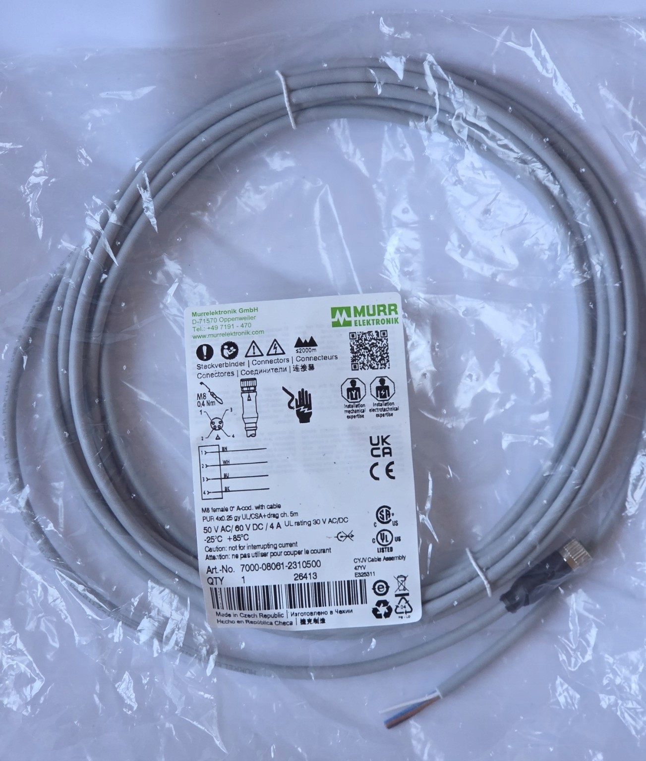 Murrelektronik 7000-08061-2310500 M8 4-Pin Female PUR Cable 5m