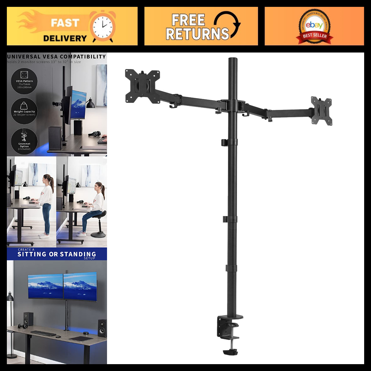 Extra Tall Dual Monitor Stand Mount - Adjustable 39" Pole for Up to 32" Screens