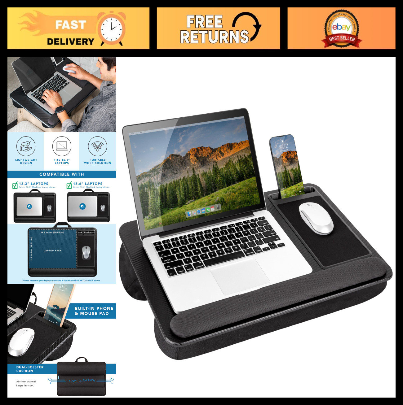 Home Office Lap Desk for 15.6” Laptops - Black Carbon, Portable & Ergonomic