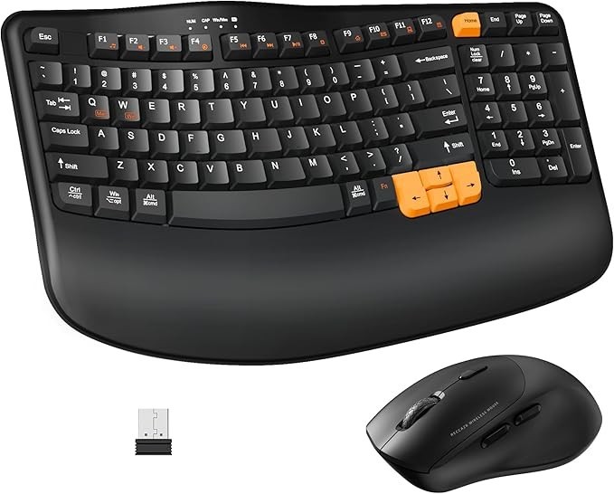 EK33 Wireless Ergonomic Keyboard Mouse Combo 2.4G Wave Keys Black