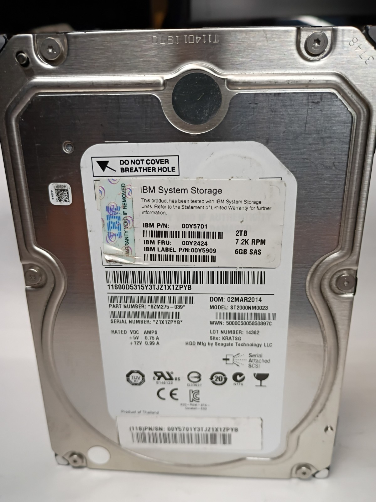GENUINE IBM system storage 2TB 3.5" 7.2K SAS 6GBPS HDD p/n 00y5701 model...