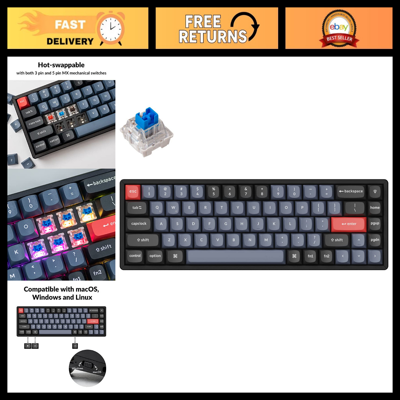 Wireless Custom Mechanical Keyboard - 65% Layout, Hot-Swappable, RGB Backlit, Pr