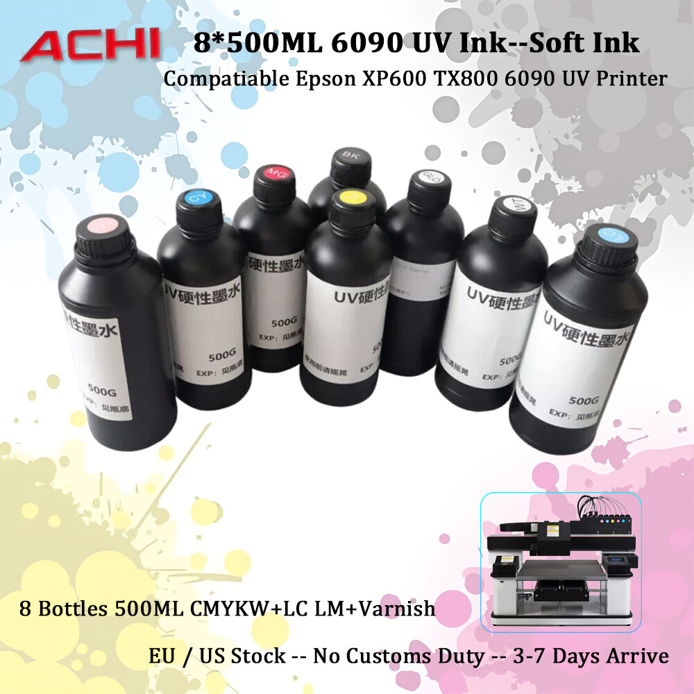 8*500ml UV INK For 6090 Printer & Epson XP600/TX800 Print head CMYK-W-V LC/LM US