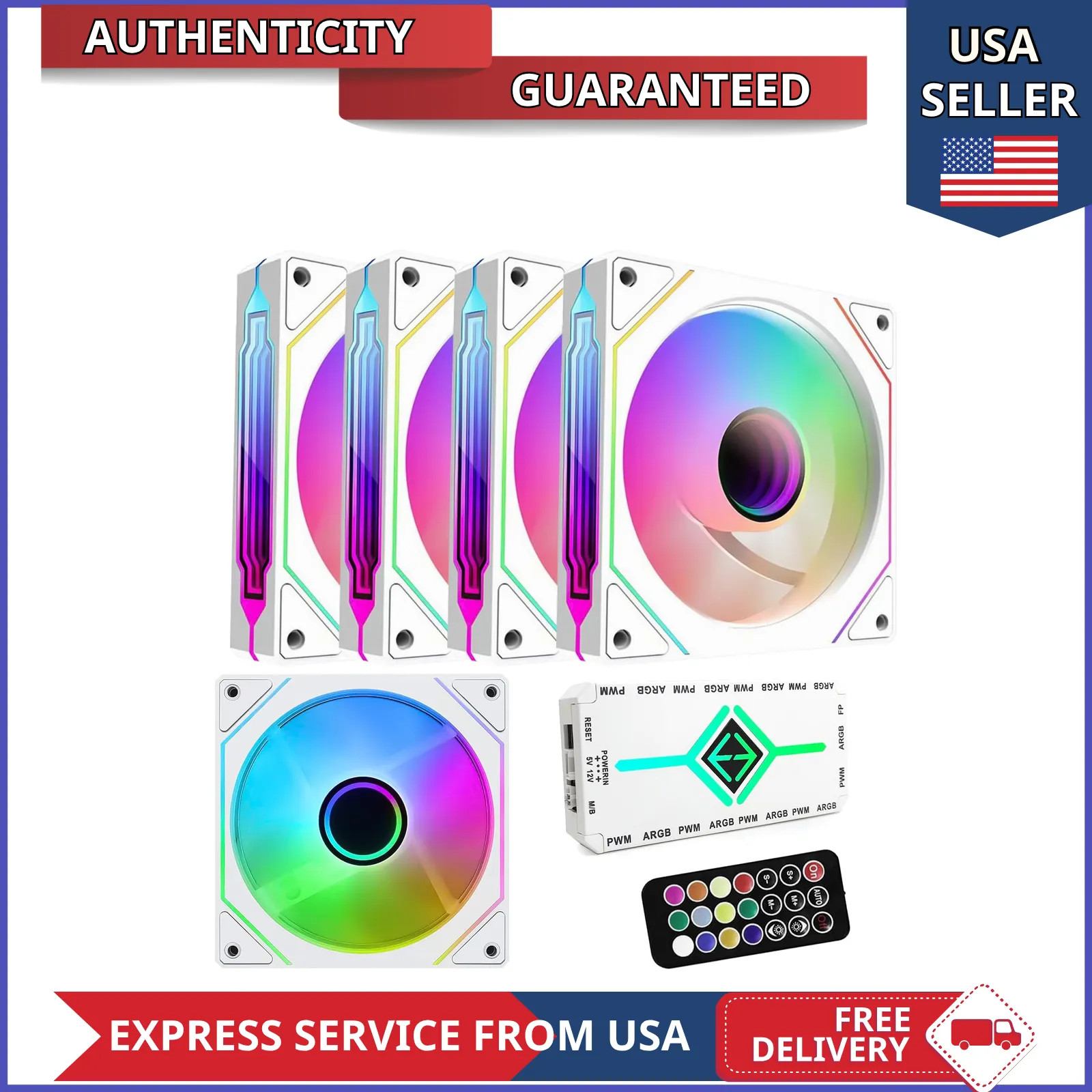 5 Pack 120mm PWM ARGB White Case Fans with Hub and Remote Control