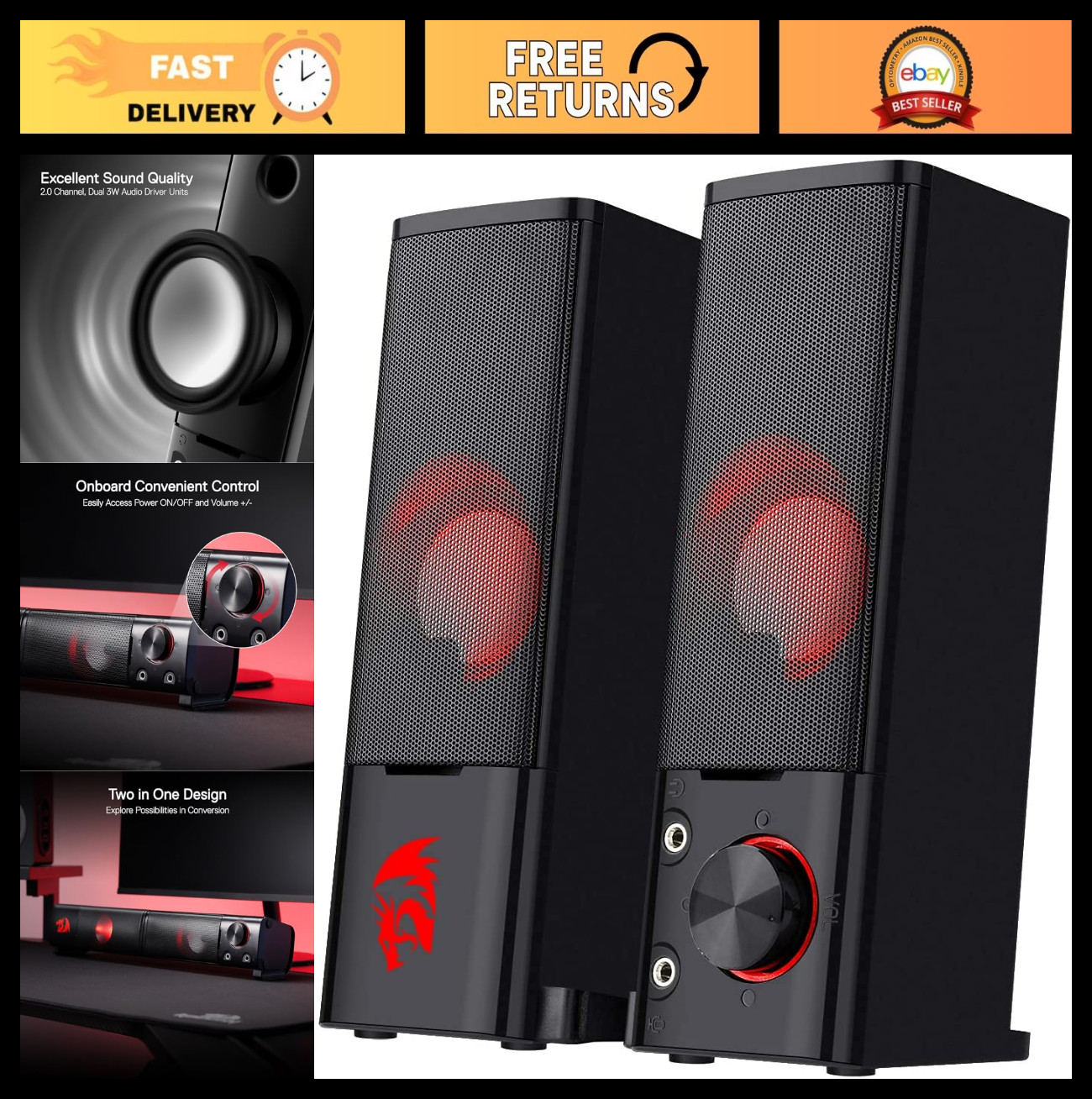 2.0 Channel Stereo Gaming Speakers - Enhanced Sound, PC Audio, Black, Wired