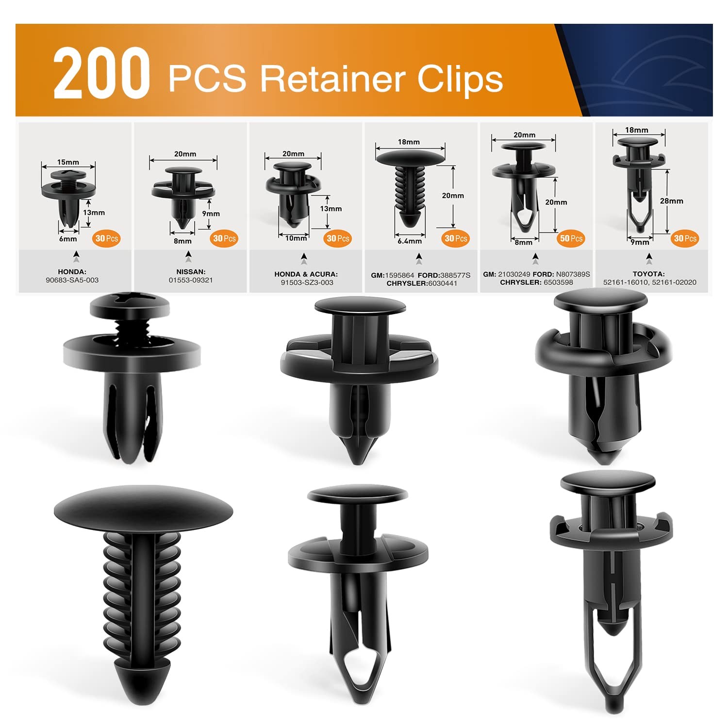 200 Pcs Universal Plastic Fender Clips - Auto Body Fastener Kit for GM, Ford