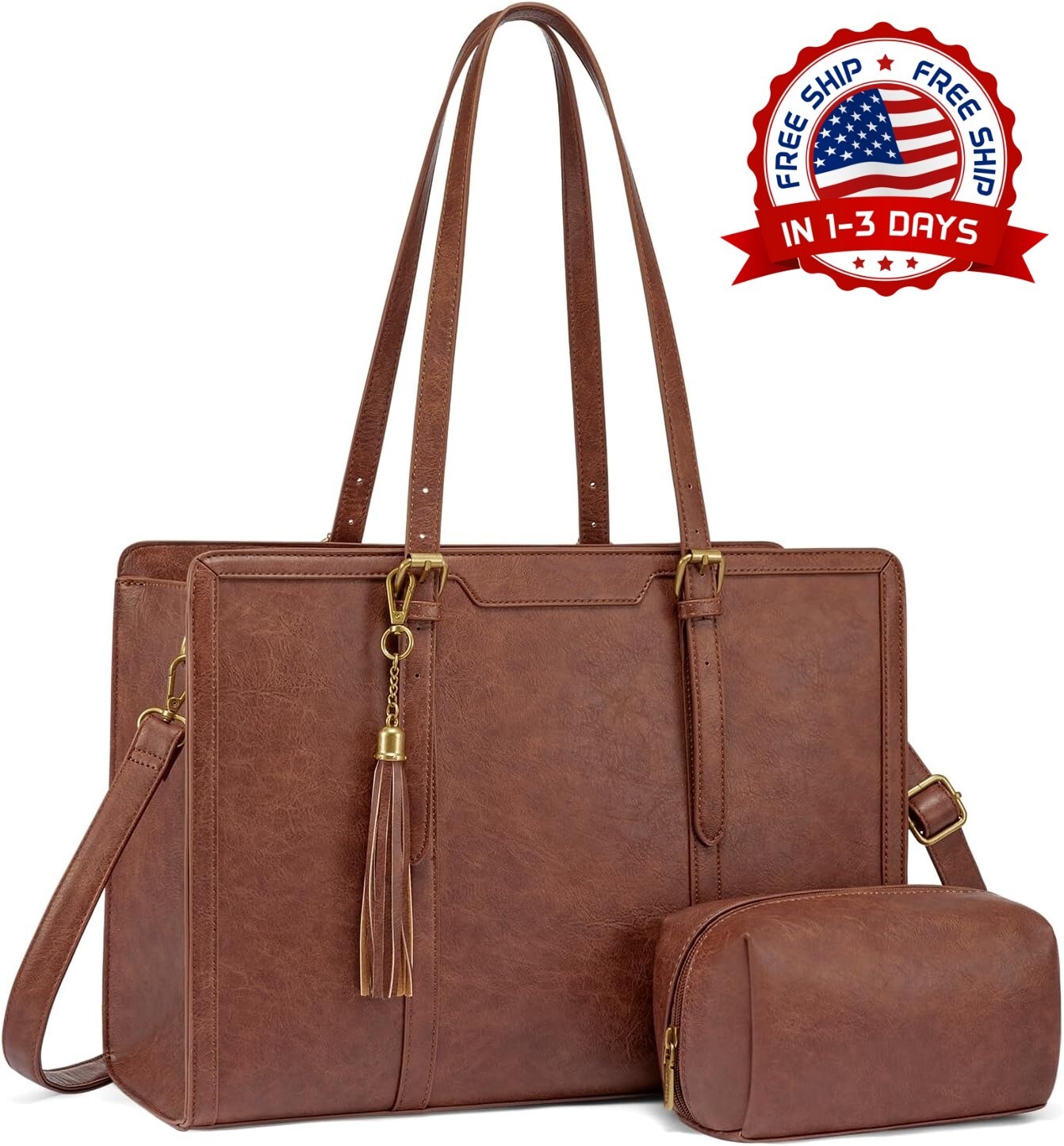 Bolso tote para laptop de mujer, maletín de cuero con clutch para portátil 17.3