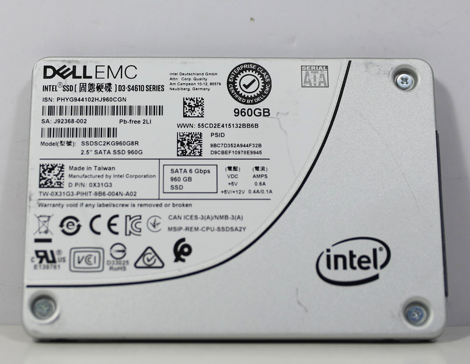 Dell X31G3 Intel D3-S4610 Series 960GB SATA 6Gb/s 2.5" SSD SSDSC2KG960G8R