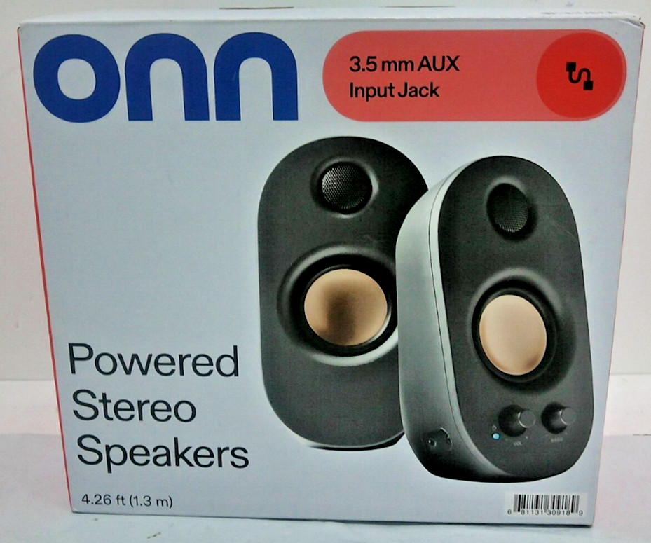 onn  Powered Stereo Speakers, 2pk, 3.5mm AUX Input Jack