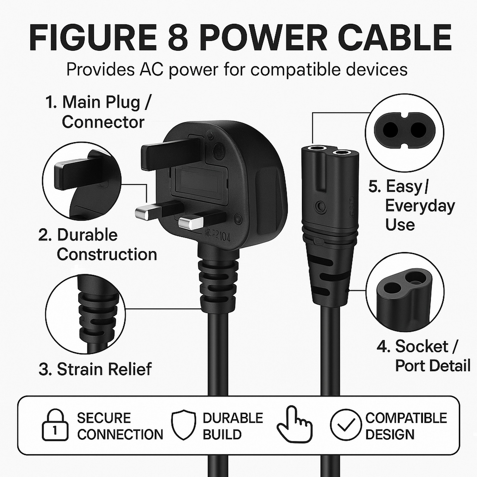 Power Plug Cord Replacement for JBL Partybox 310 110 710 100 300 1000 UK Figure