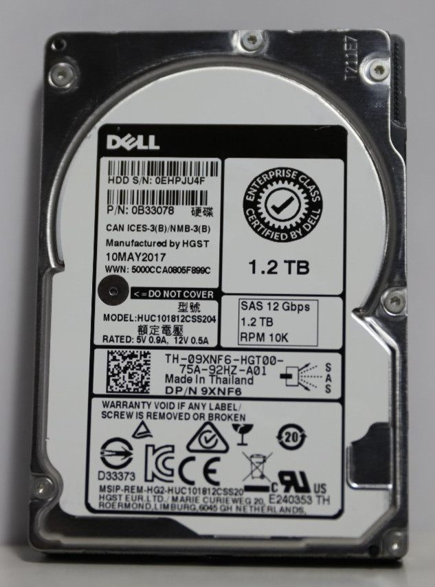 Dell 9XNF6 HUC101812CSS204 1.2TB, RPM 10K, 12Gbps, 2.5" SAS HDD 0B33078