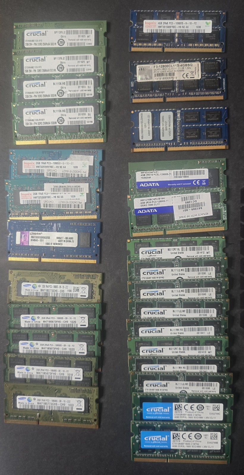 Lot of (27) DDR3 Laptop Memory SODIMM 2GB/4GB - Itemized List - 