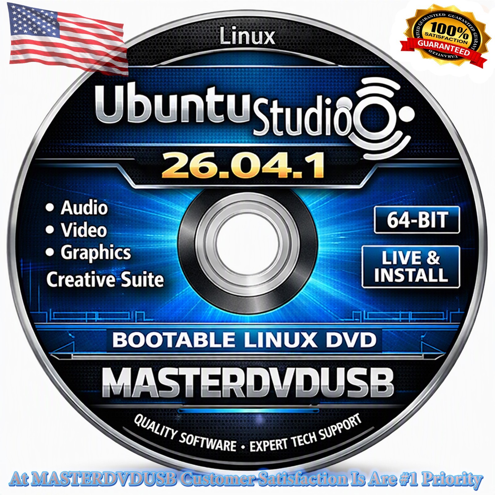 Ubuntu Studio 26.04.1 DVD Live Installer Color HD Label – 256SHA Fast Shipping