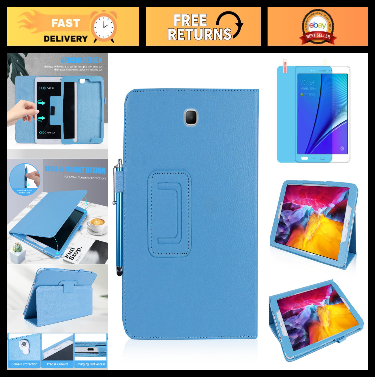 Slim Leather Case for 8" Tablet, Multi-Angle Stand, Full Protective Cover, Stylu