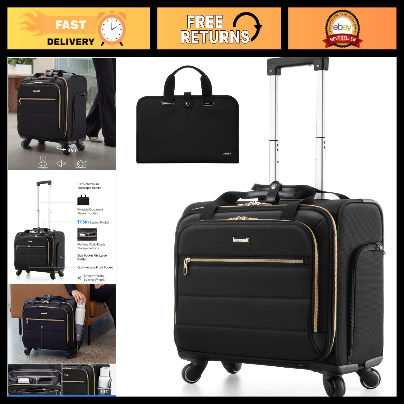 Rolling Laptop Bag 18" - Black, Lightweight, Durable, Travel-Friendly, Wheeled C