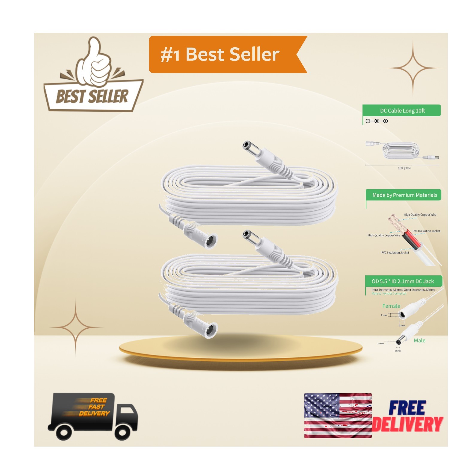 Safe & Reliable 10FT DC Power Extension Cables - 2 Pack for Indoor/Outdoor Use