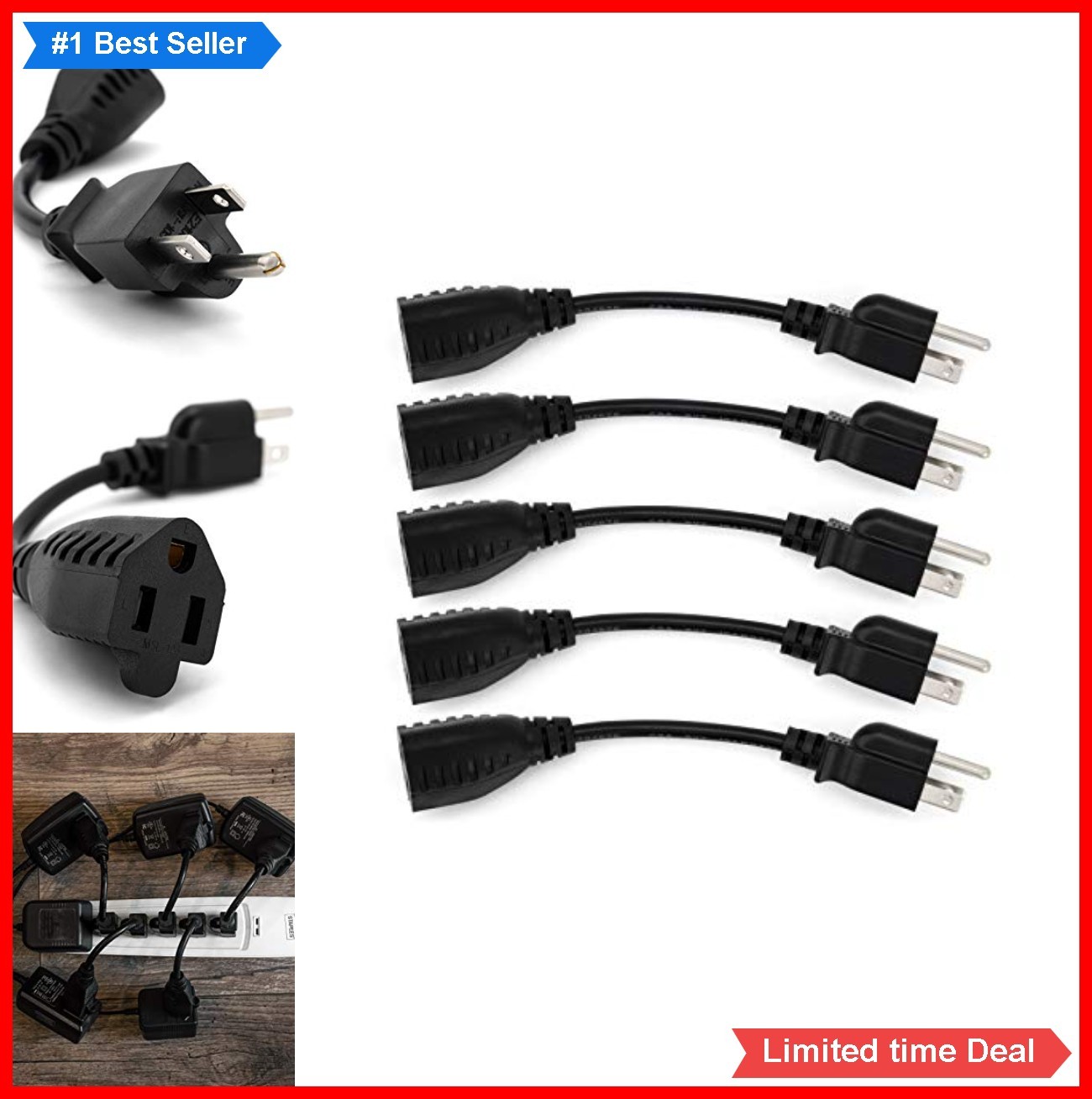 6 Inch Power Extension Cable 18 AWG 10 Amp 120 Volt Gold Plated 5 Pack Outlet