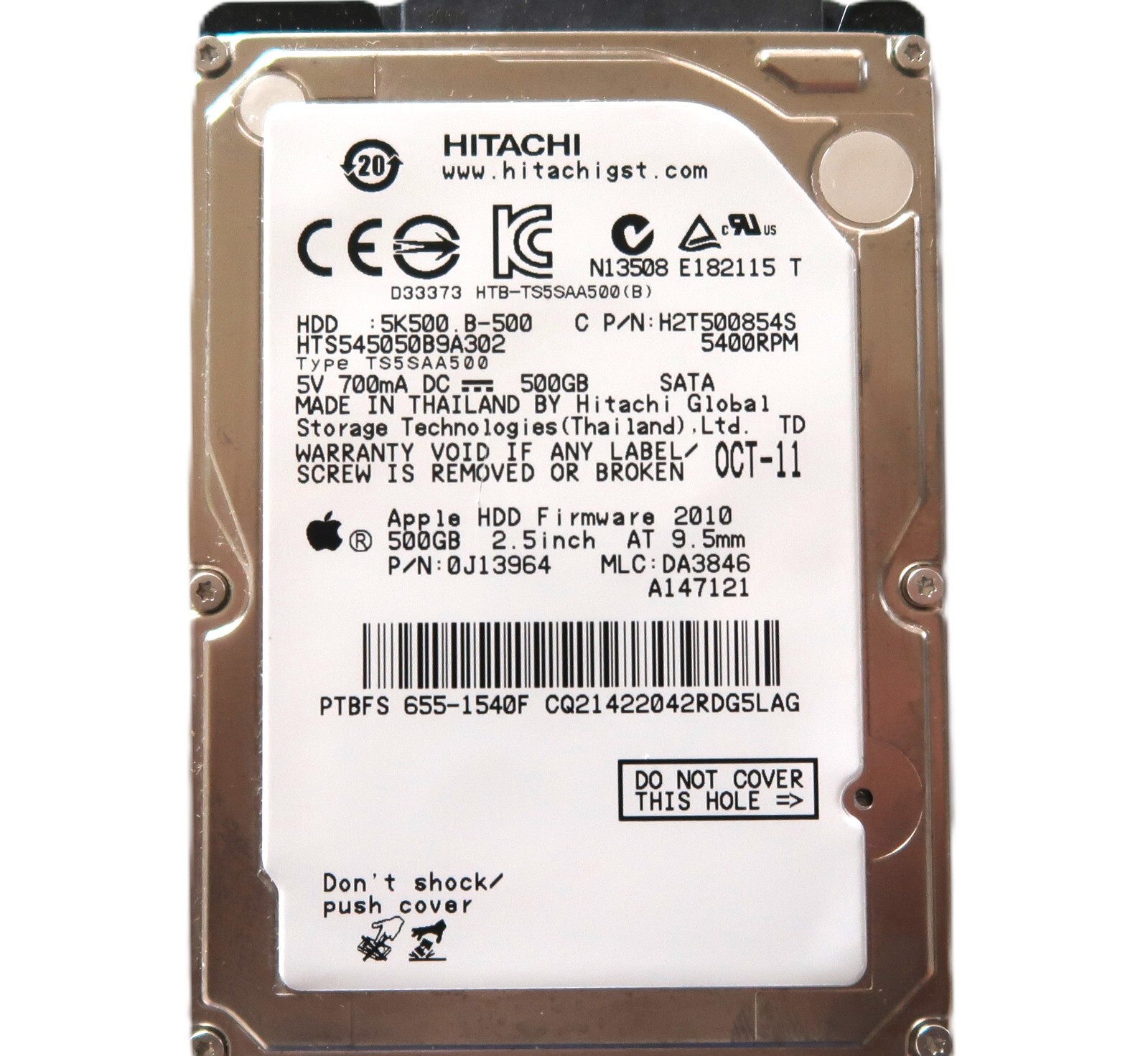 Hitachi HTS545050B9A302 PN:0J13964 MLC:DA3846 Apple#655-1540F 500gb Sata OCT-11