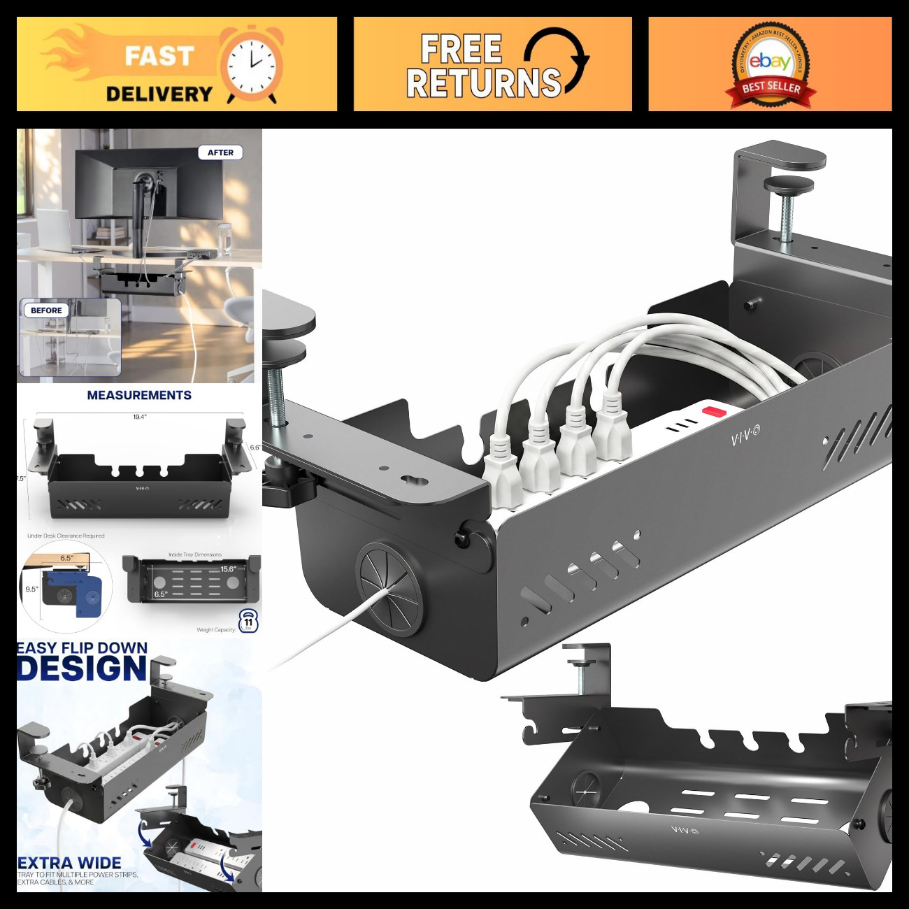 Clamp-On Flip-Open Cable Management Box for Desk - 19 Inch Organizer, Black