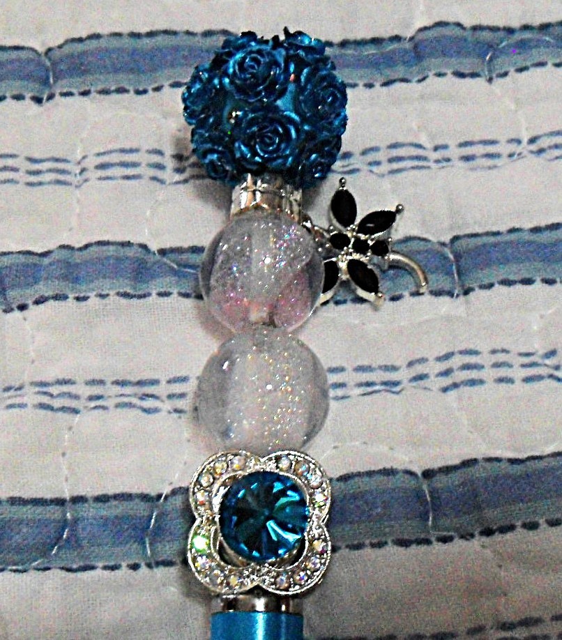 Decorated Blue White Stylus/ballpoint pen Sparkly, Rhinestone, Roses & Dragonfly
