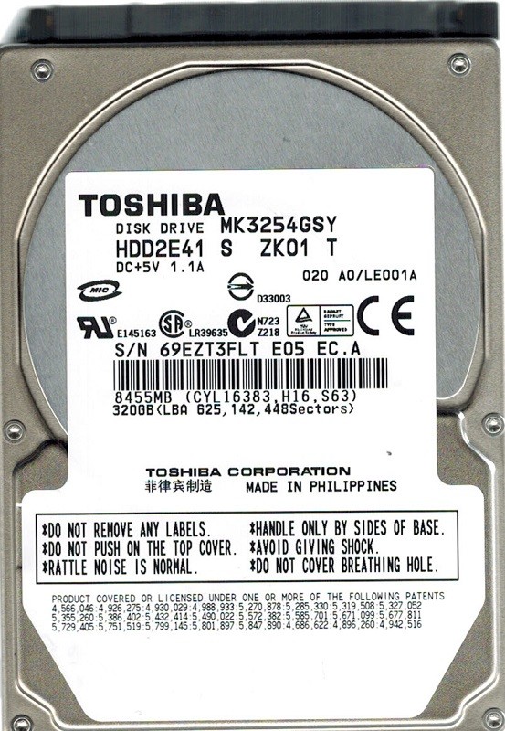 Toshiba MK3254GSY HDD2E41 S ZK01 T F/W: A0/LE001A PHILIPPINES 320GB