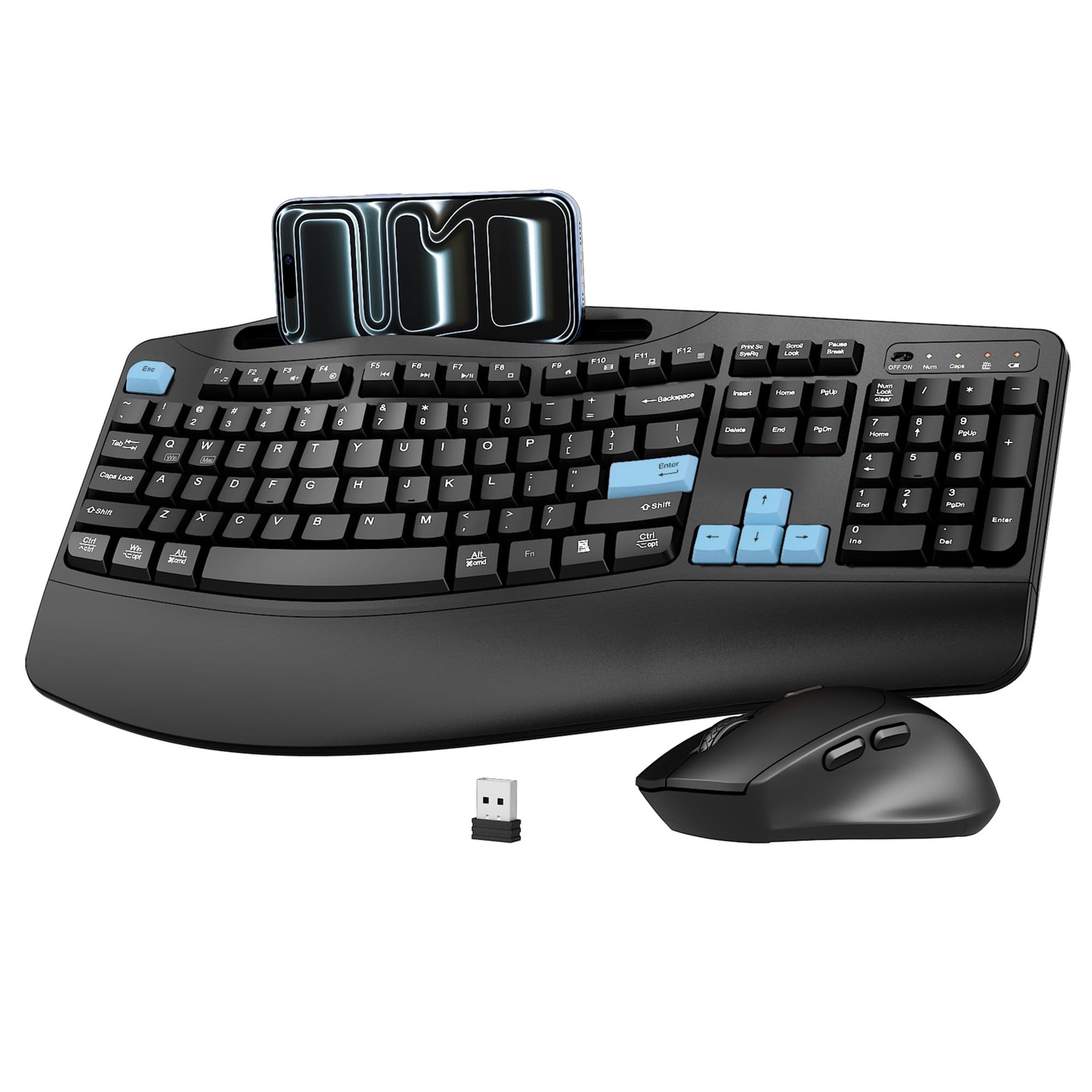 Wireless Keyboard and Mouse Combo, 2.4G Full Size Wave Keys Ergonomic Keyboar...