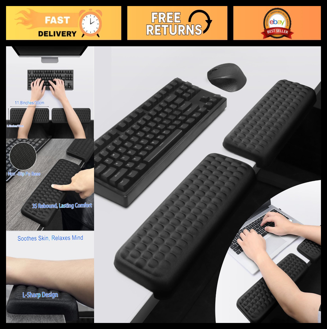 Ergonomic L-Shaped Desk Elbow Rest 2-Pack, Memory Foam Wrist Support Pads, Non-S