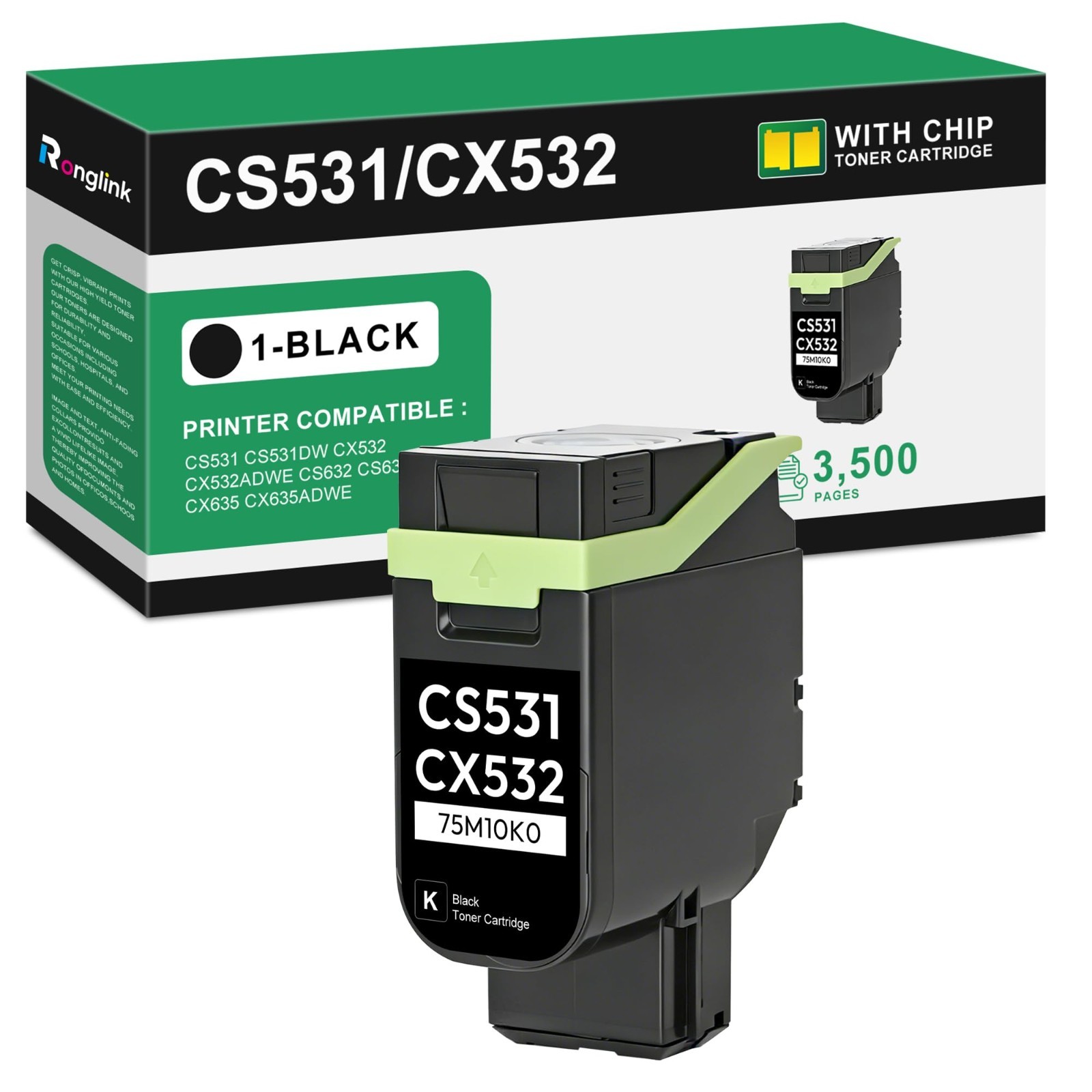 75M10K0 Black Toner w/Chip for Lexmark CS531 CX532 CS632 CX635 3,500 Yield