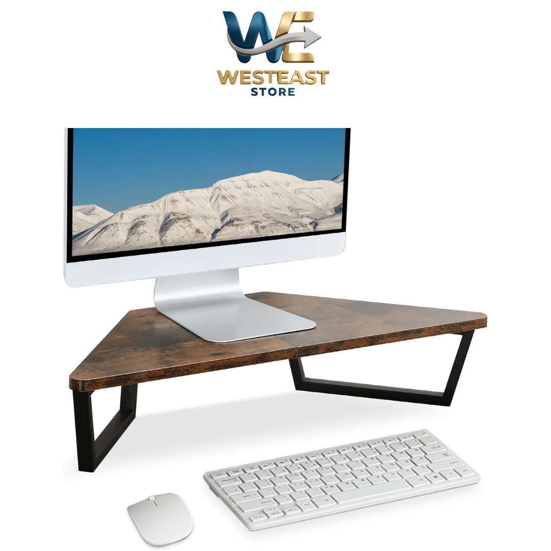 26 Inch Triangle Monitor Stand Riser, Desktop Corner Shelf with Metal Leg Wood