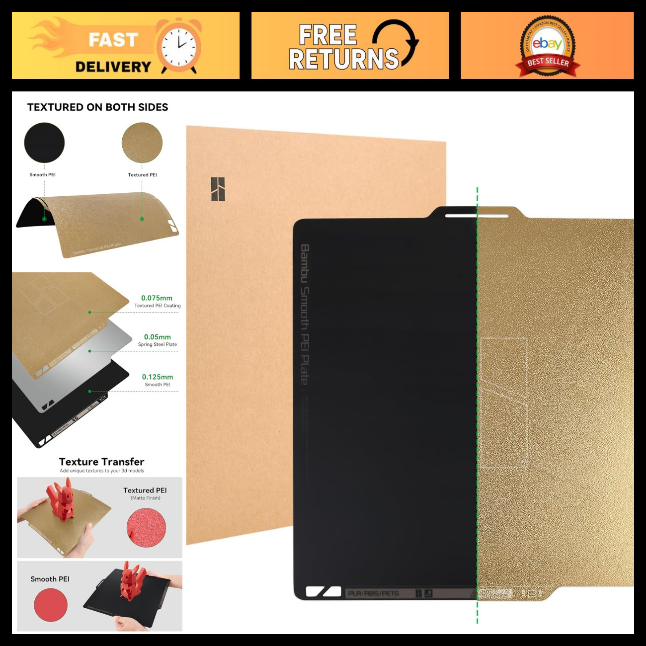 Dual-Sided PEI Build Plate for 3D Printers - Textured/Smooth, Removable 257x257m