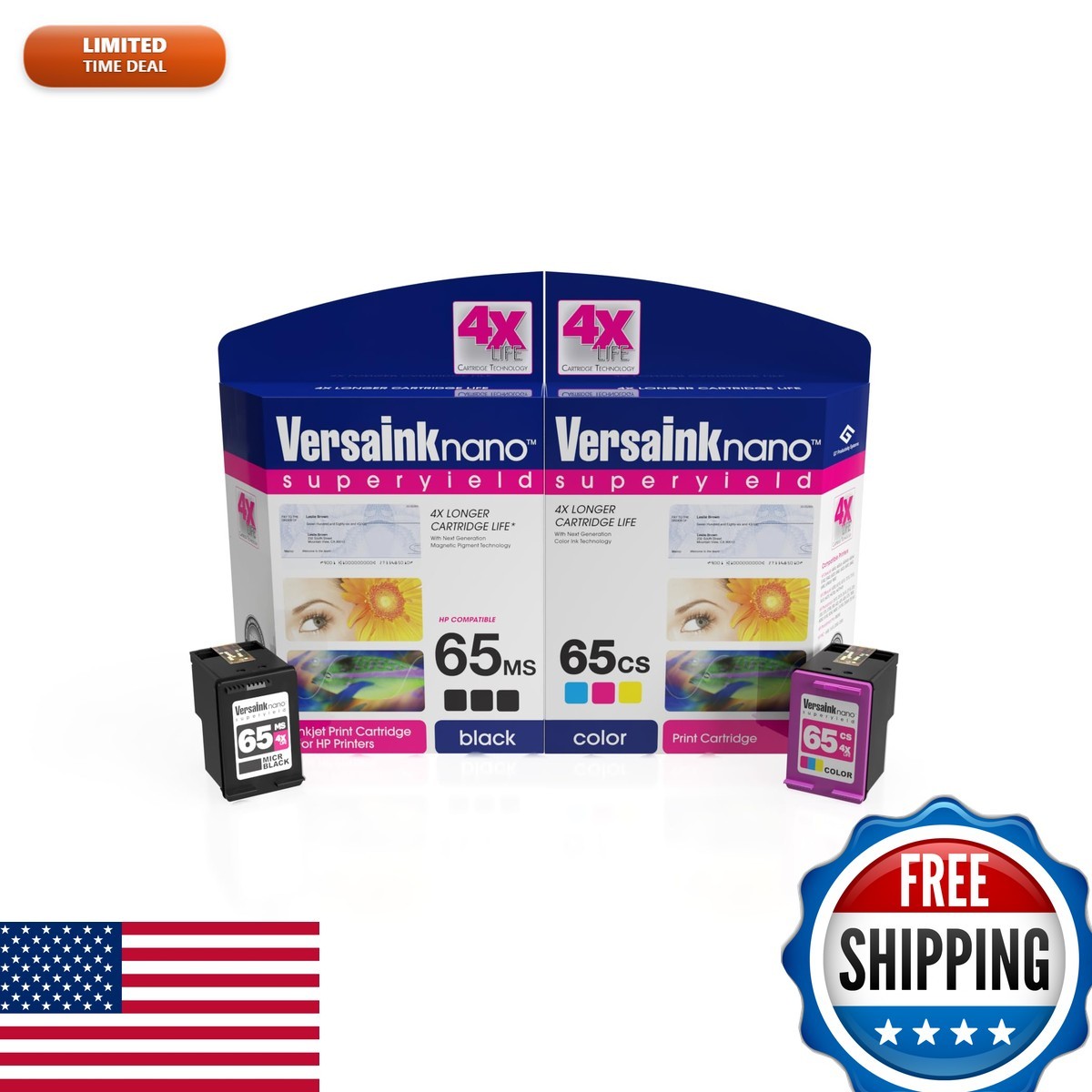 VersaInk-Nano 65 Black (MICR) & Tri-Color Cartridges for HP Deskjet 3700, 2600