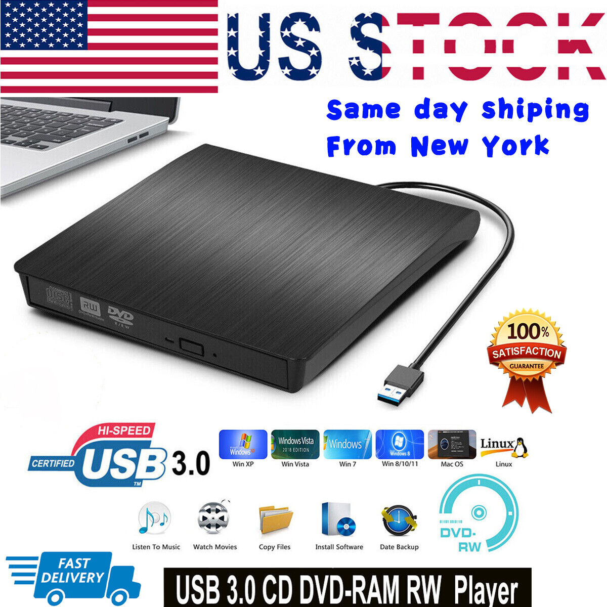 Slim External USB 3.0 DVD RW CD Writer Drive Burner Reader Player For Laptop PC
