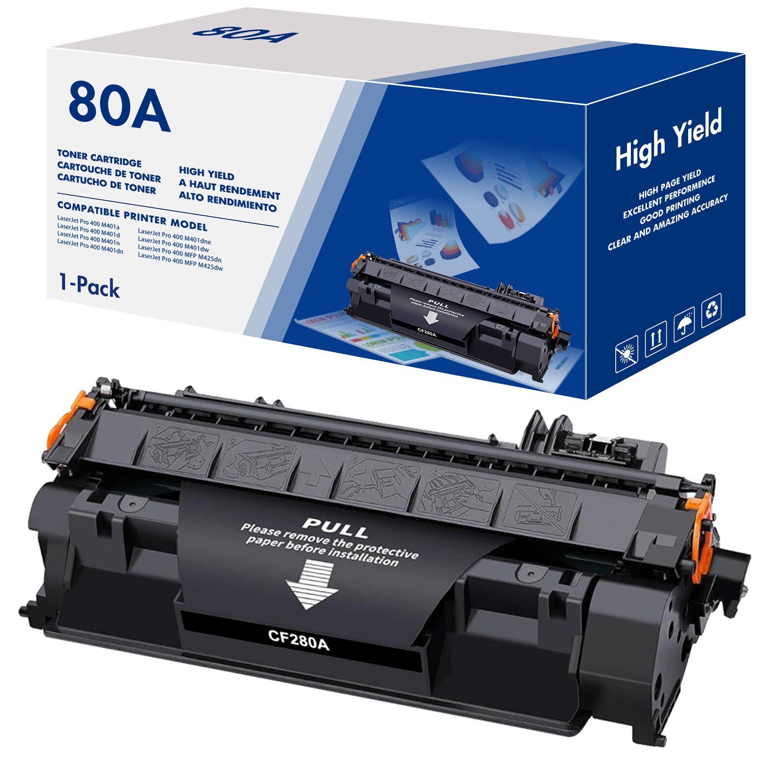 1-4PK CF280A Black Toner For HP 80A Toner LaserJet Pro 400 M401n M401dn M425dw