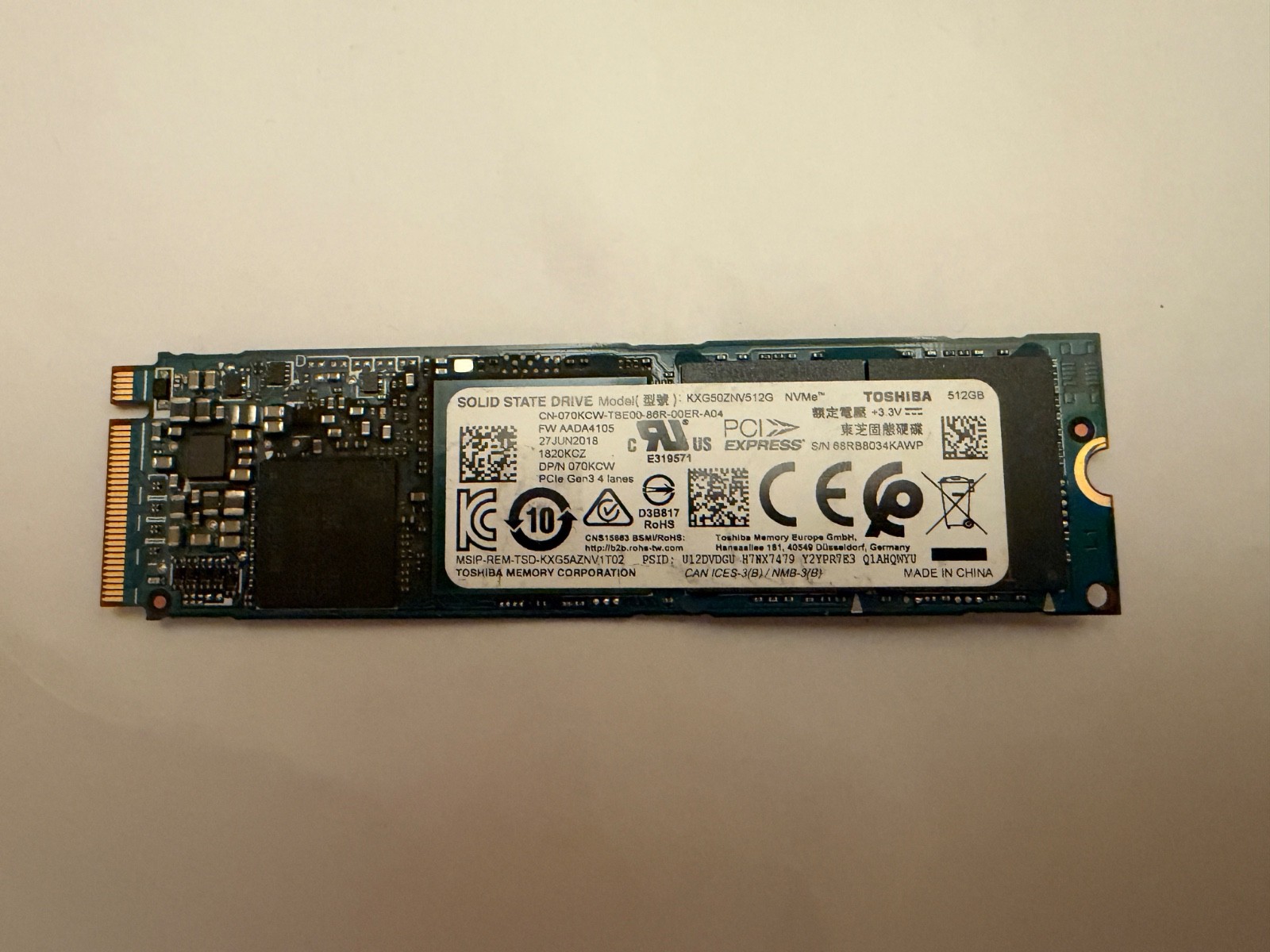 LOT OF 3 Toshiba 512GB NVMe M.2  SSD KXG50ZNV512G 70KCW