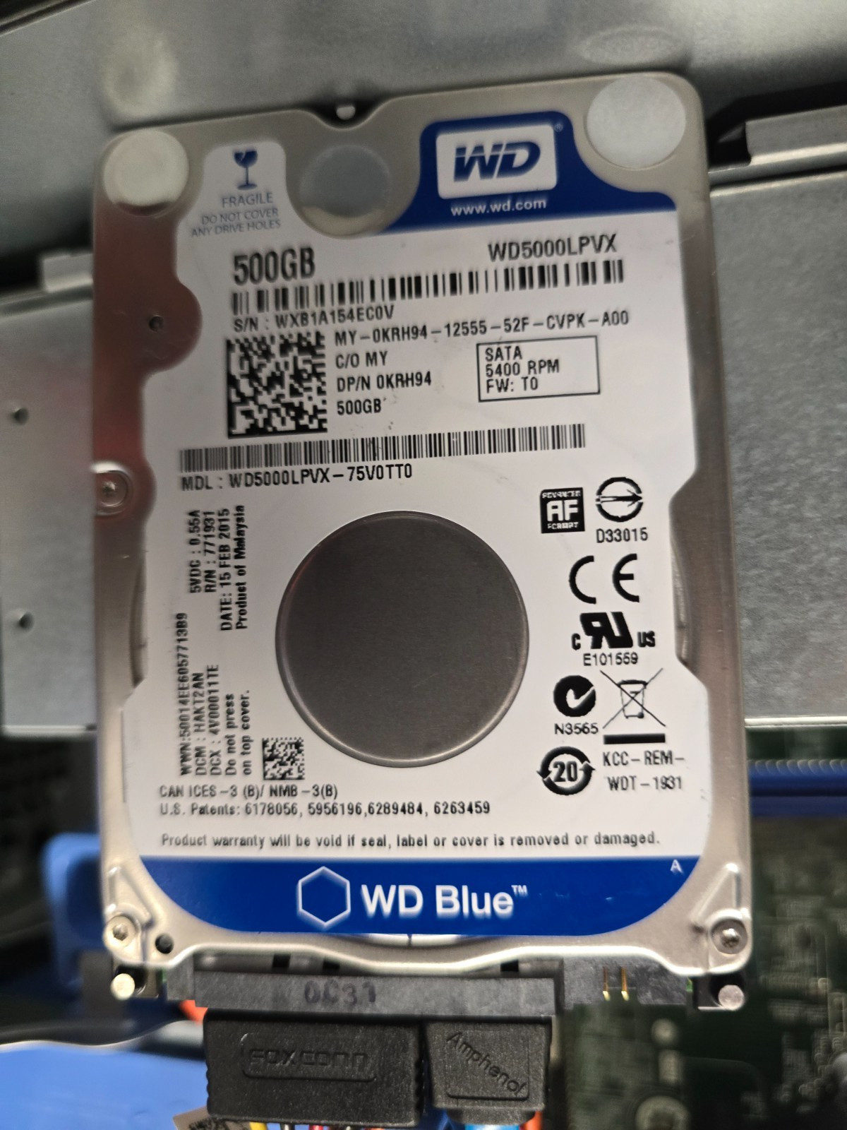 Western Digital Blue, 500GB, Internal, 5400RPM, 2.5 inch (WD5000LPVX) Hard Drive