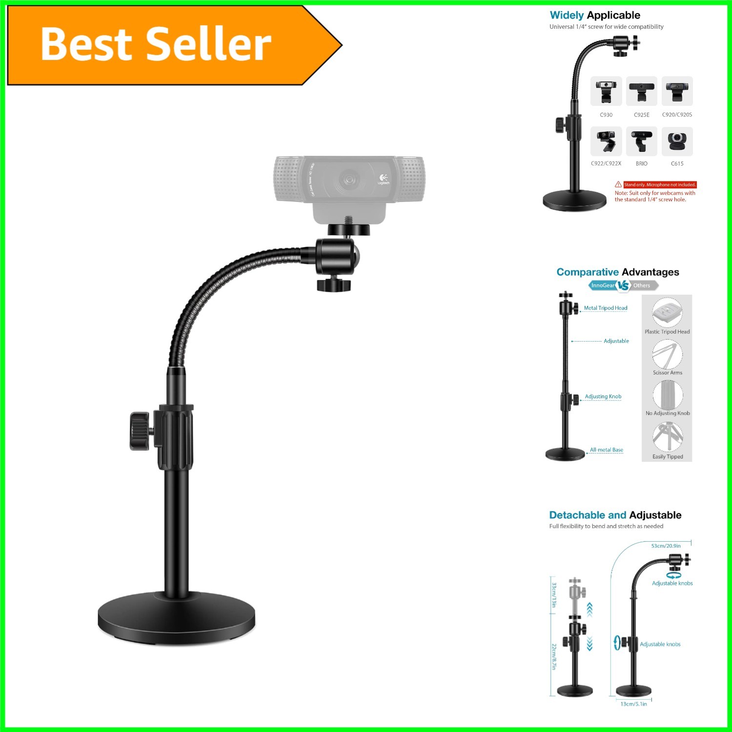 Versatile Gooseneck Webcam Stand for Logitech & Microphones - Height Adjustable