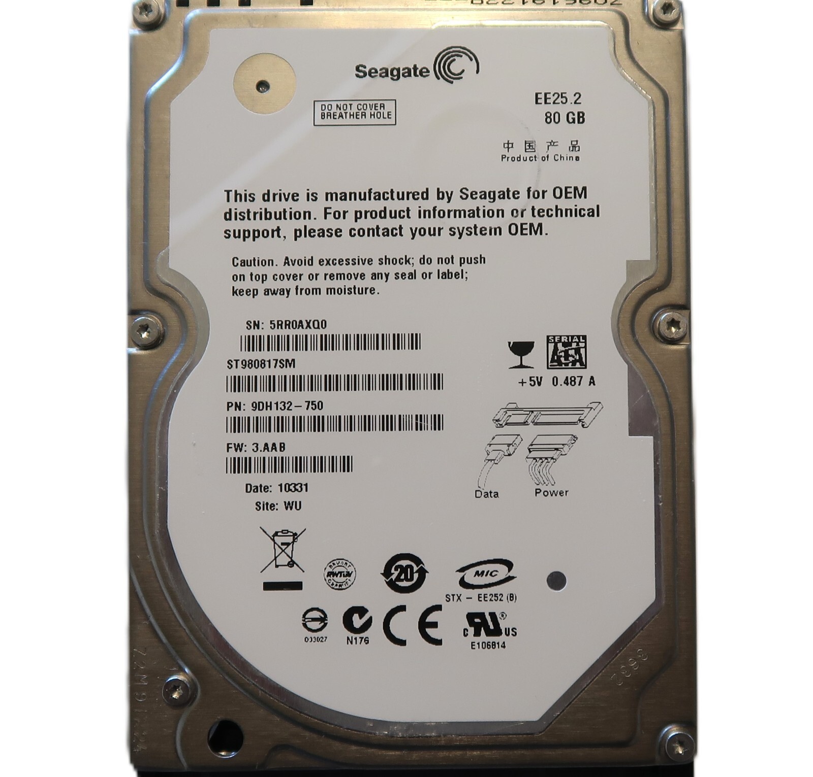Seagate ST980817SM EE25.2 9DH132-750 FW:3.AAB WU 80gb 2.5" Sata Hard FEB/2010