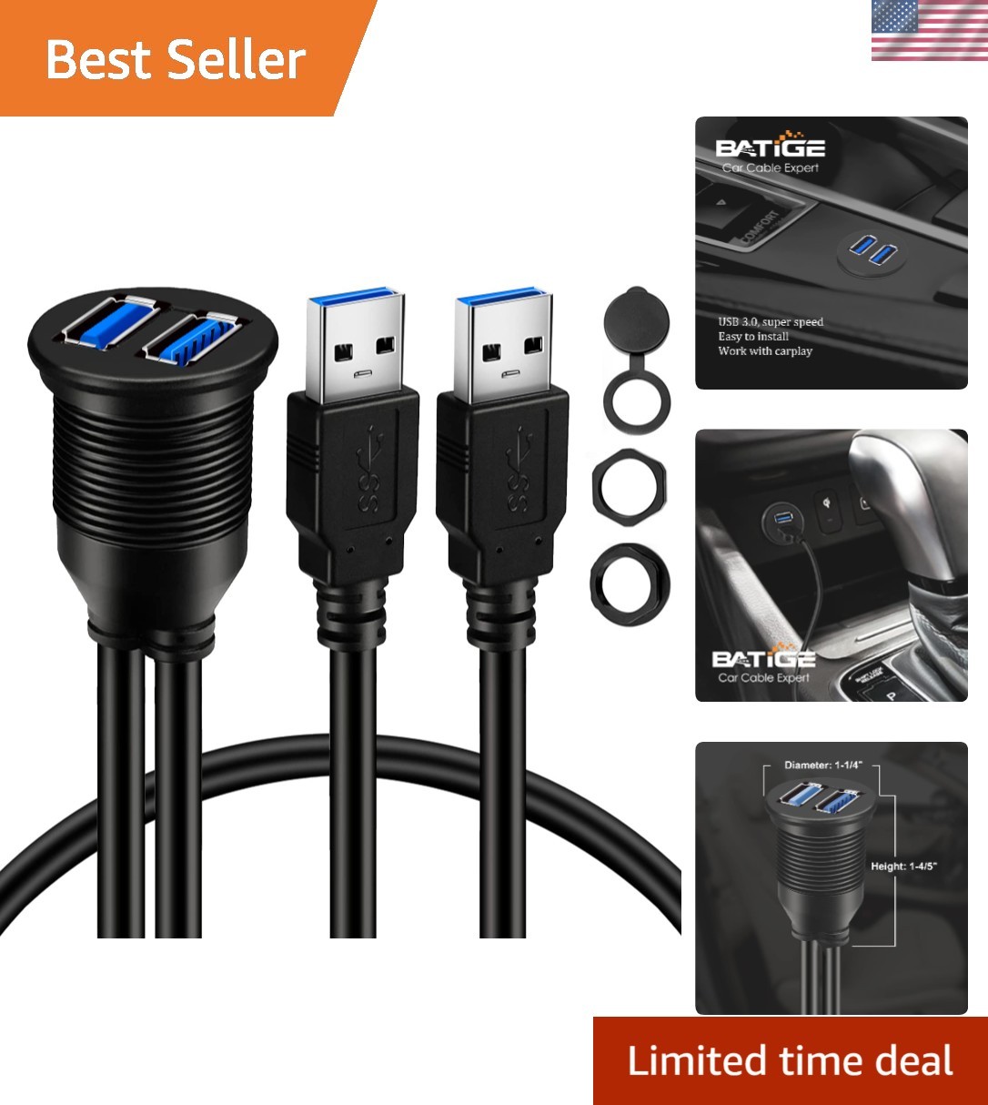Compact 1ft USB 3.0 Female to Male Flush Mount Car Cable—Waterproof & Efficient