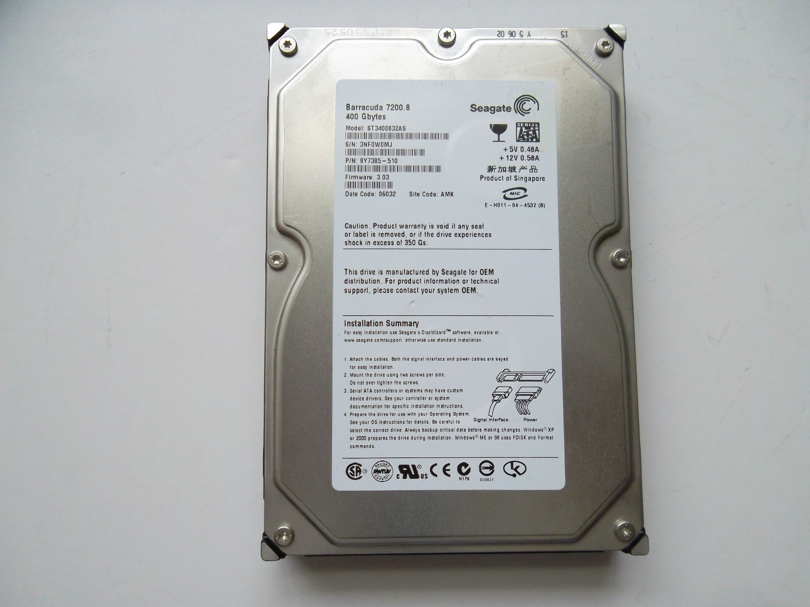 Seagate Barracuda 7200.8 SATA 400GB Hard Drive 7.2K 3.5" ST3400832AS 9Y7385-510