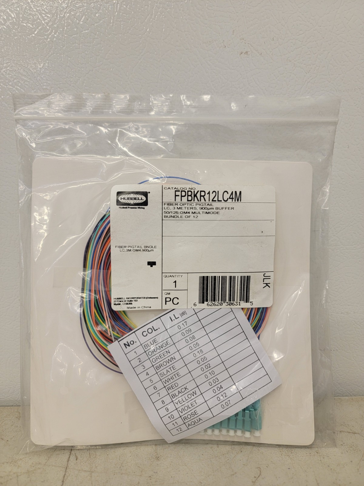 HUBBELL FIBER PIGTAIL BUNDLE LC-MULTI MODE 12-FIBER STRANDS OM4 FIBER 3 METER