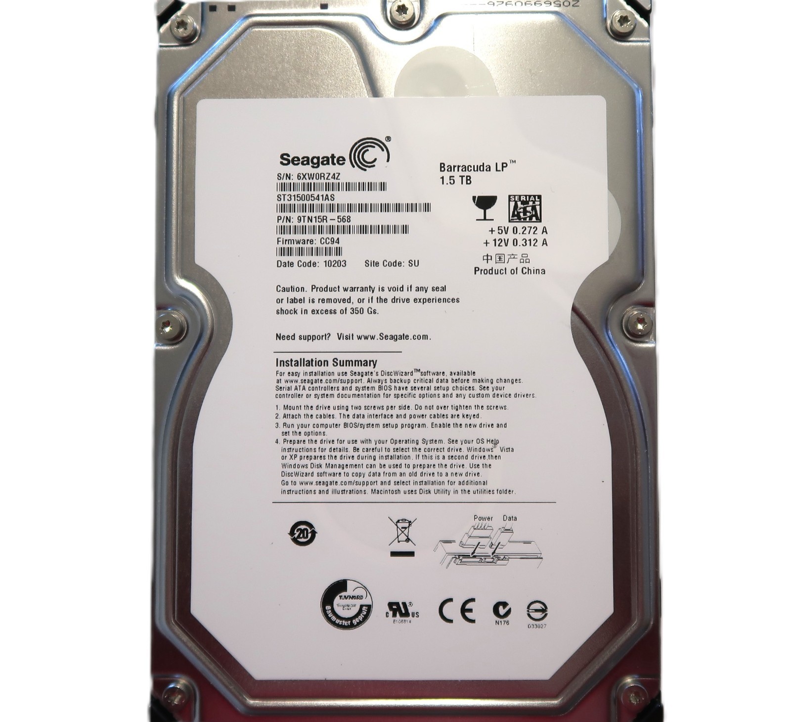 Seagate ST31500541AS 9TN15R-568 CC94 (6XW) SU China 3.5" 1.5TB Sata HDD NOV/2009