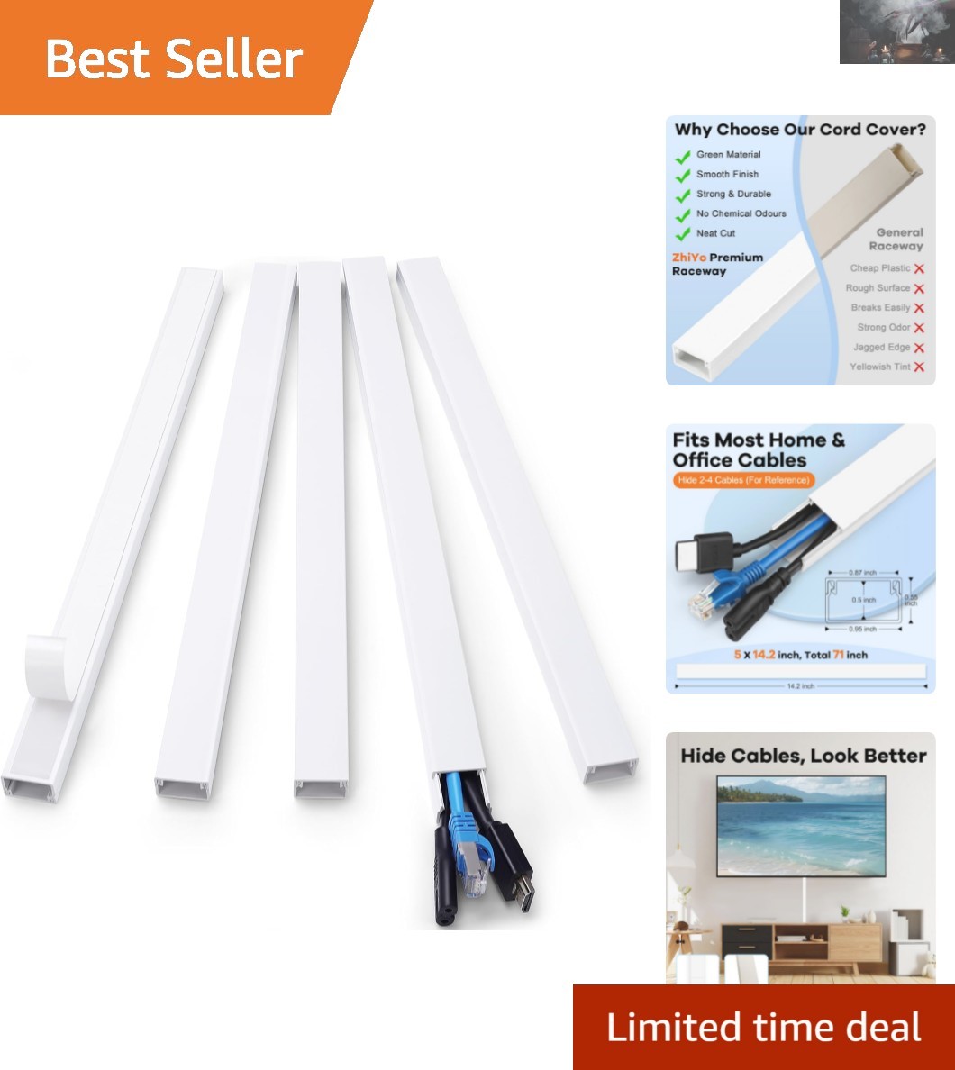Elegant White Cord Hider 71'' - 5 Piece Cable Covers for Effortless Organization