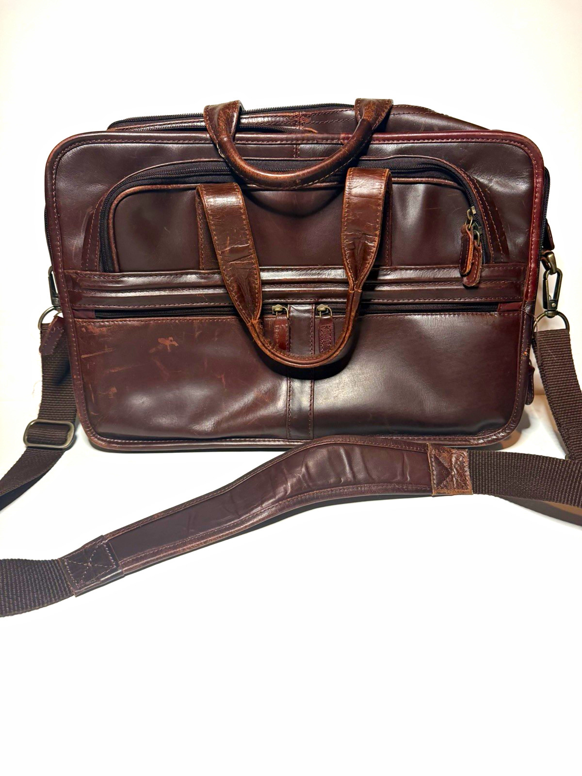 Vintage Dark Brown Leather Messenger Bag Large 17" Laptop Briefcase Multi Zip XL