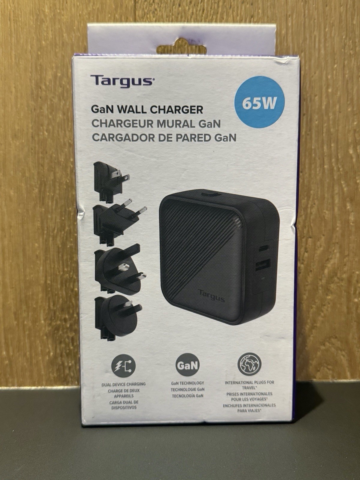 Targus 65W Dual Device Gan Wall Charger USB-A & USB-C International Travel Plugs