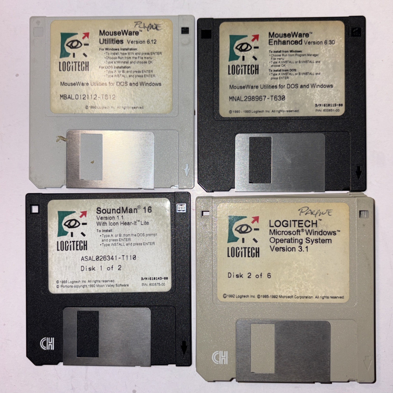 Logitech Floppy Disk Lot Microsoft Windows 3.1, Soundman 16, Mouseware Utilities