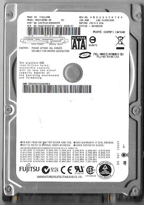 Fujitsu MHZ2160BH G2 160GB Sata Hard  Drive P/N: CA07018-B38400PN F/W: 00430009