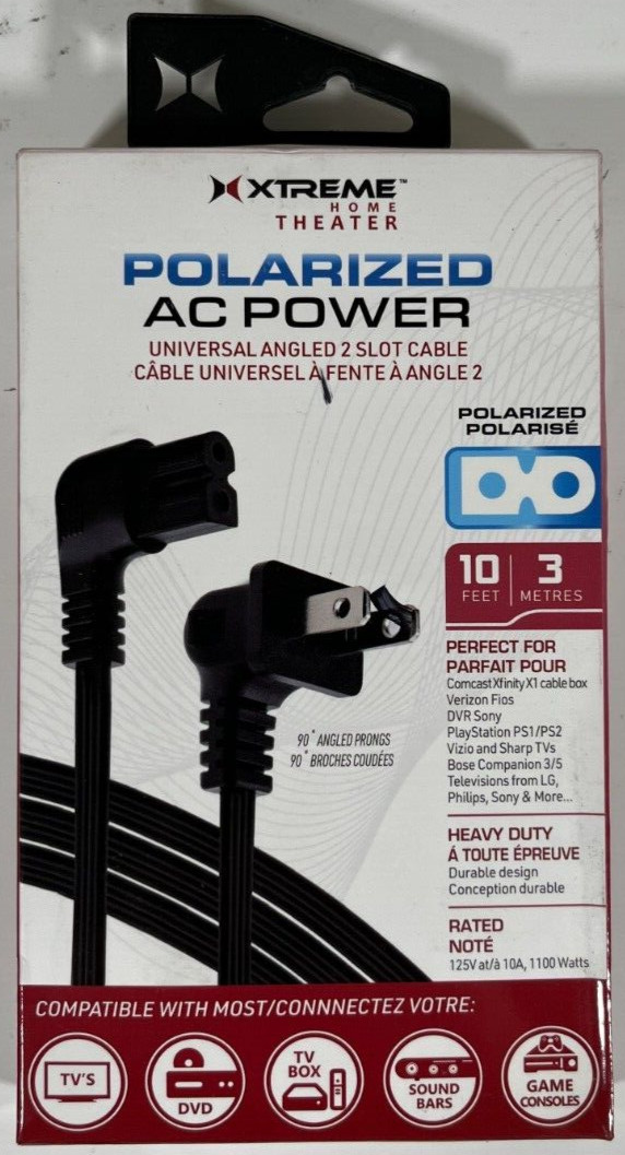 Xtreme Home Theater Polarized Universal Angled 2 Slot Cable 10ft. - Black - NEW
