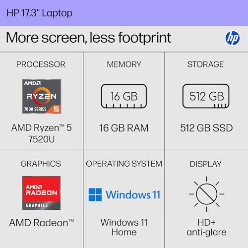 HP 17.3 inch Laptop, HD+ Display, AMD Ryzen 5 7520U, 16 GB RAM, 512 GB -