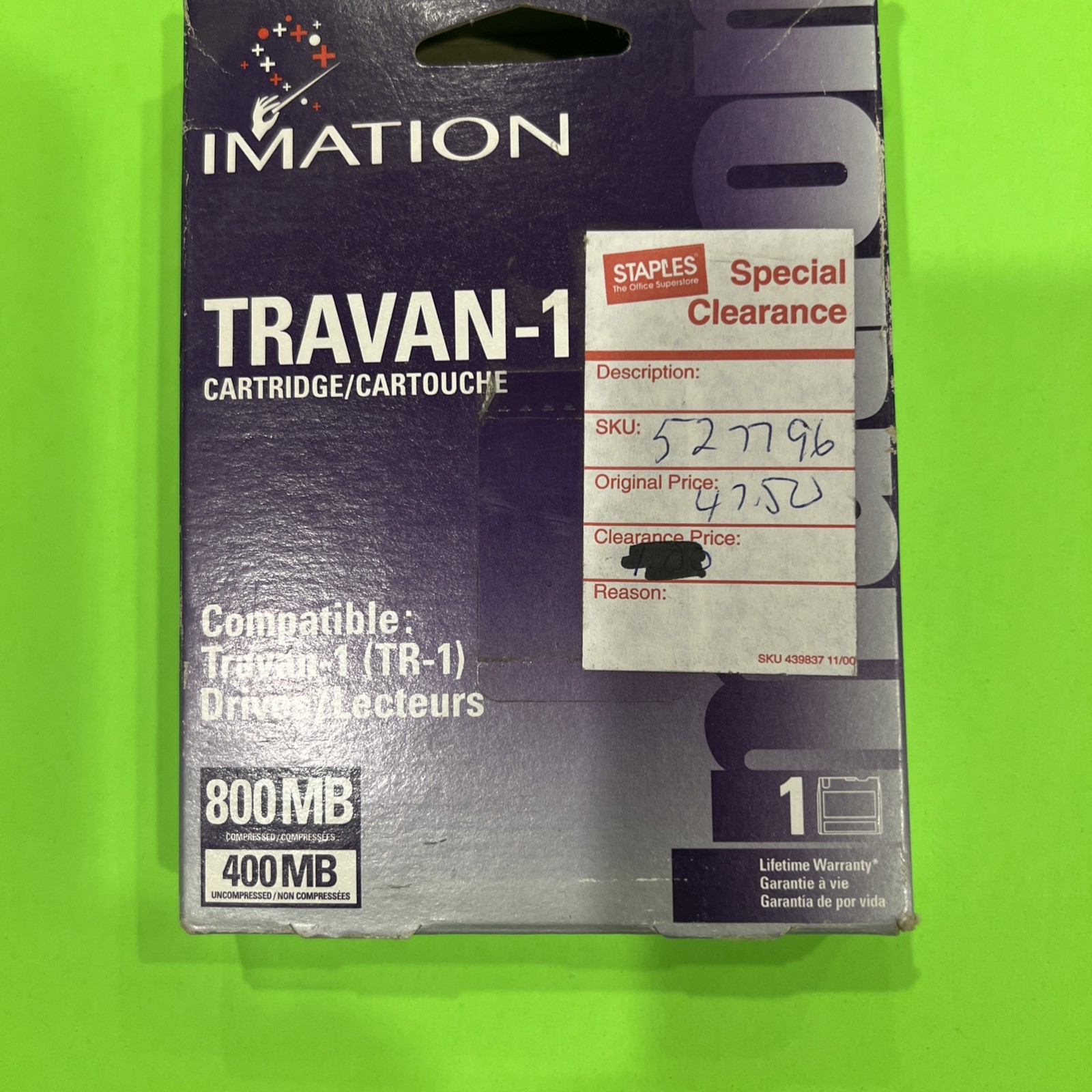 Imation Travan 1 Cartridge 800 MB Compressed 400MB Uncompressed TR-1 Drives NEW 